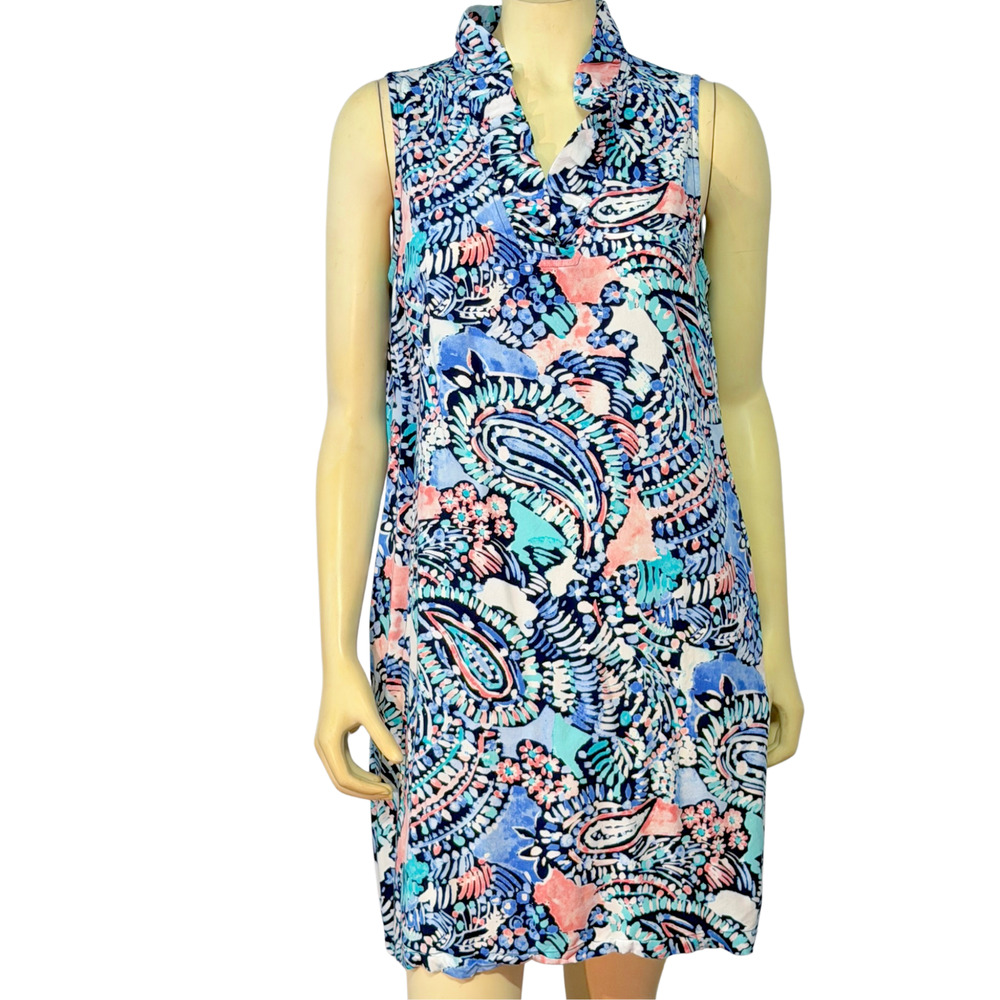 Crown & Ivy Sz L Fits M Sleeveless Shift Dress Ruffle VNeck Beach Colors Paisley